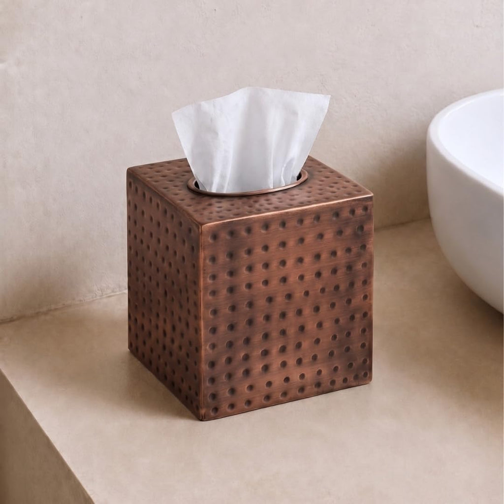 Monarch Abode Tissue Box Cover Square – Hand Hammered Antique Copper Metal Tissue Holder Box for Bathroom Accessory, Aesthetic Decorative Facial Napkin Cube for Modern Home Decor