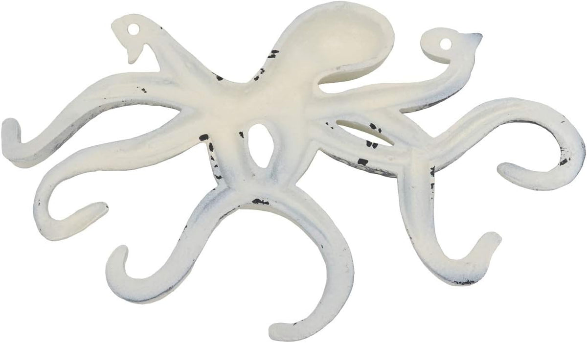 Octopus Keys Hook, Decorative Wall Mounted Nautical Wall Rack, Antique Key Holder Hook, Cast Aluminum Hanger for Coat, Hand Towel, Jacket, Bedroom, Bathroom, Kitchen & Balcony (Distressed Ivory)