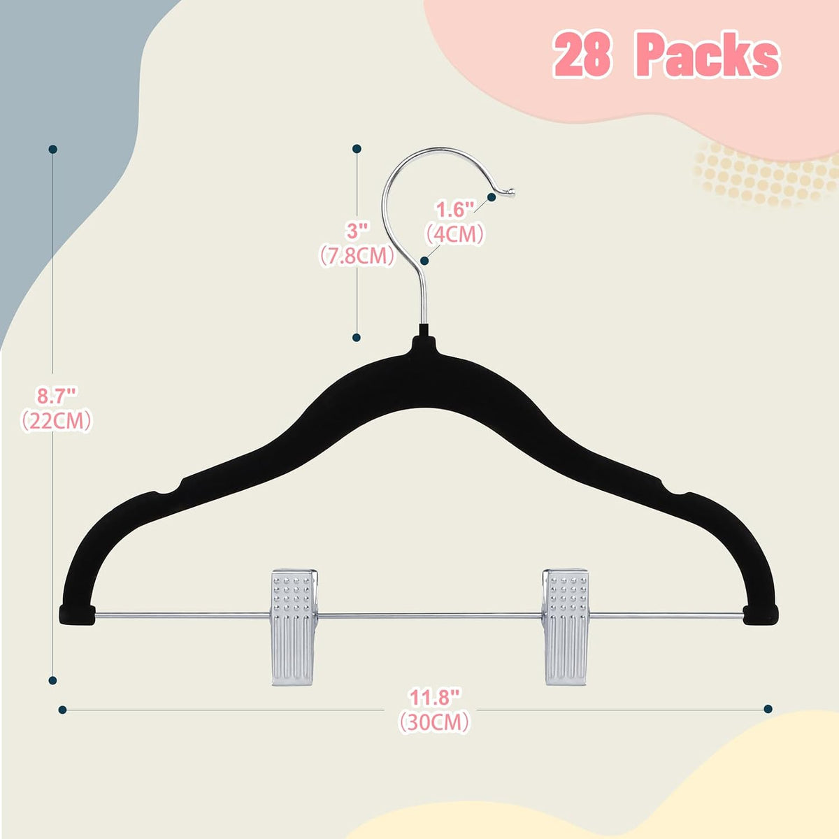 ManGotree 11.8'' Baby Velvet Hangers with Movable Clips 28 Pack Black