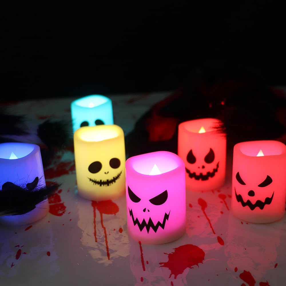 GenSwin Halloween Flameless Candles Color Changing with Remote Timer, Halloween Decorations Ghost Face Battery Operated Tealight Candles, Colorful LED Votive Candles for Home Decor(12 Pack, 1.5” x 2”)