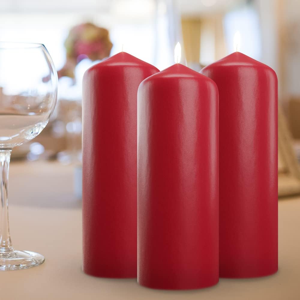 Cone Top Pillar Candles by Bask - Set of 6-3" x 6" Dripless Unscented Holiday Candles in Red for Home Decor, Relaxation & All Occasions