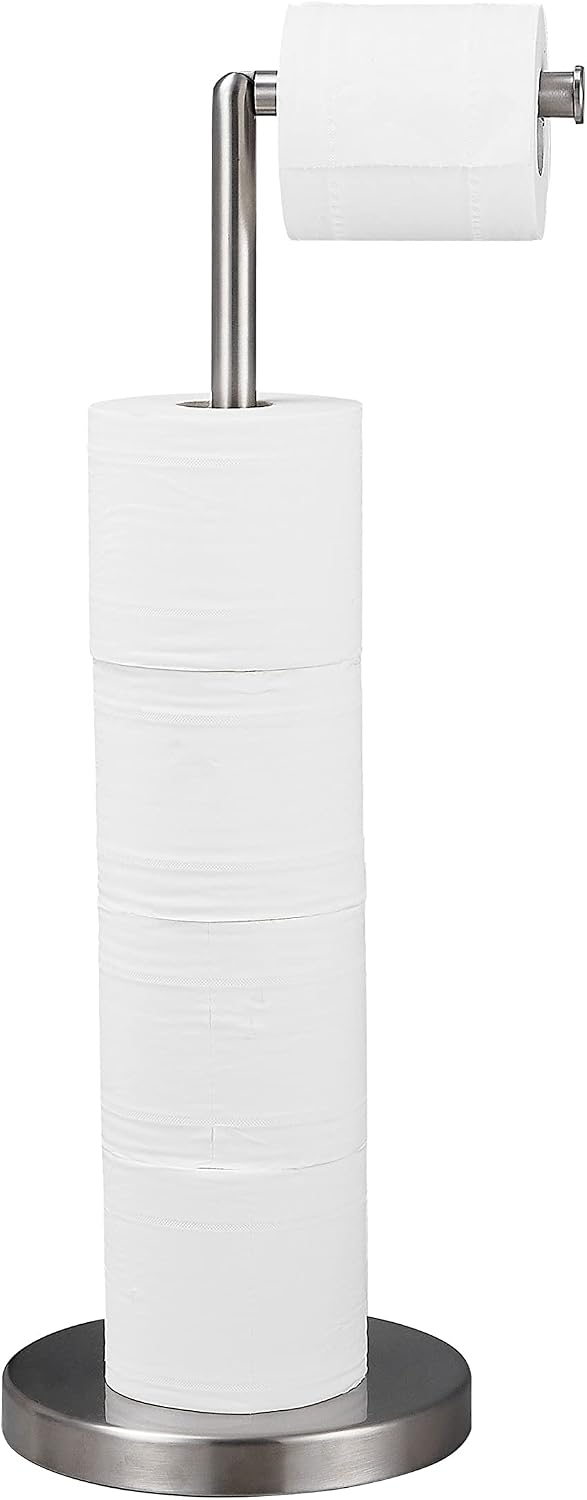 Foldable Toilet Paper Dispenser SUS304 Stainless Steel Free Standing Toilet Paper Holder Stand Modern Floor Bathroom Storage Freestanding 4 Rolls of Toilet Tissue Stand (Brushed Nickel Finish)