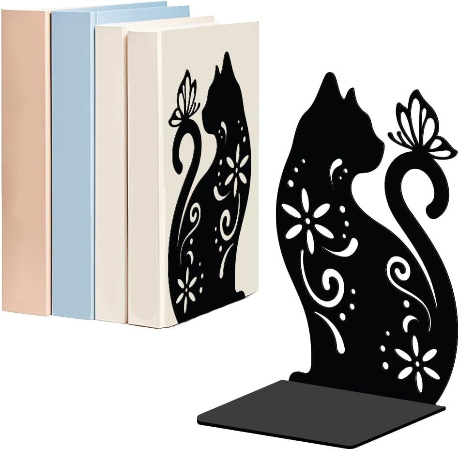 WADORN Cat Flowers Metal Bookends for Shelves Decorative 1 Pair, Animal Heavy Duty Books End Support Non-Skid Book Holder Black L-Shaped Book Stopper for Home Office Desk Book Divider, 4.7x3.5x7 Inch