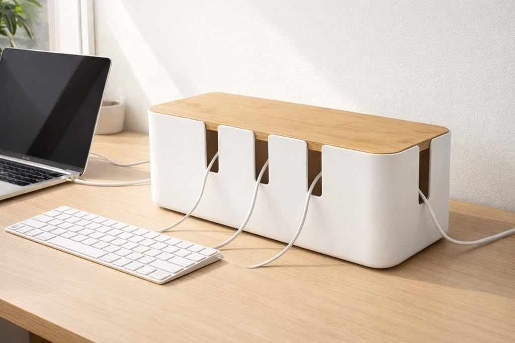 Cable Management Box with Bamboo Lid, Large Cord Organizer Box for Power Strips, Surge Protector & Charger Cables, Wire Hider Organizer for Home, Office, Desk & TV Stand, White (30.3 x 12.3 x 11.6 cm)