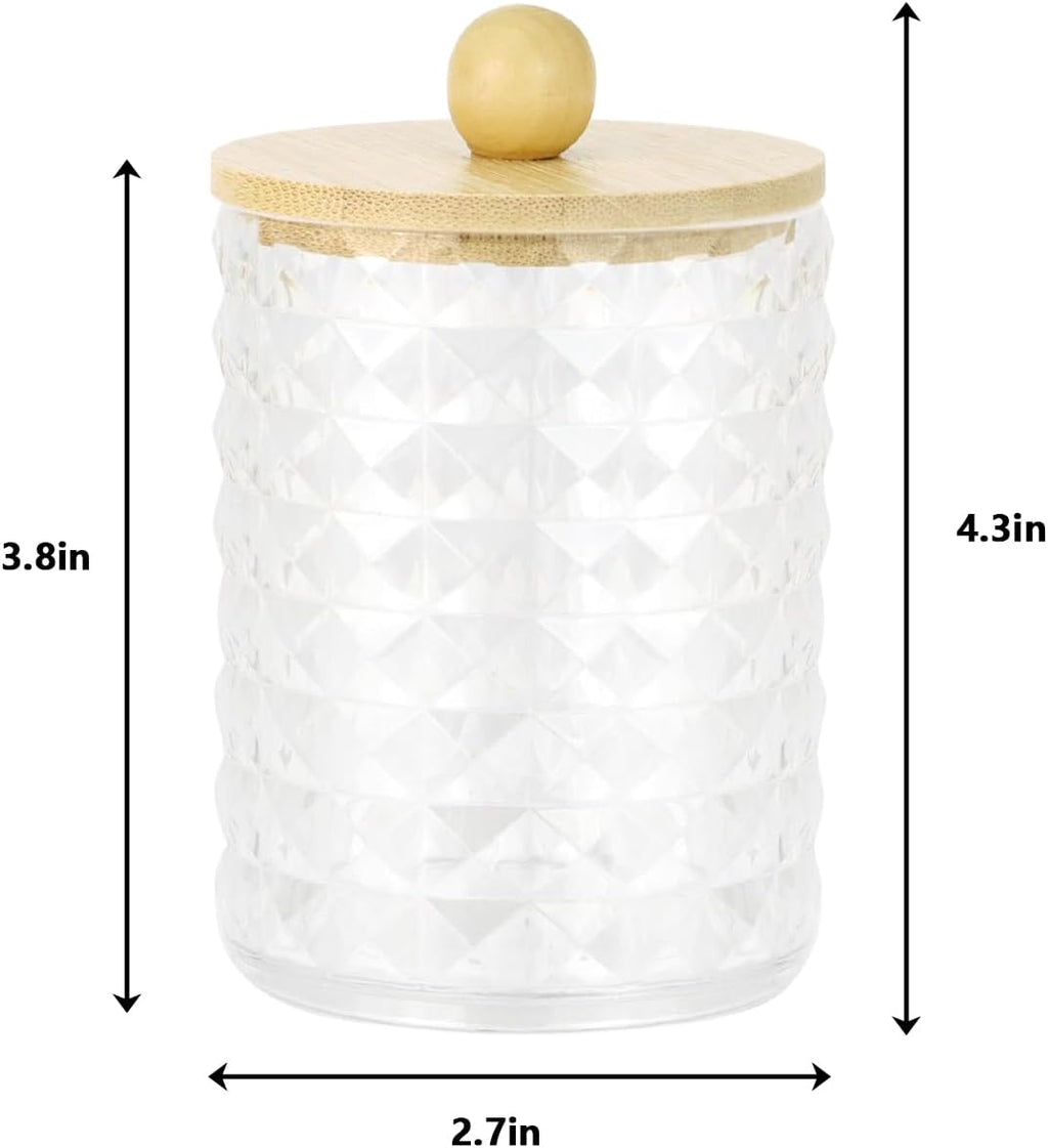 DAPOWER 2 Pack Qtip Holder Bathroom Storage Canister for Cotton Ball Cotton Swab Pads Floss, Small Plastic Jars with Lids (Clear & Bamboo Lid, 2 Pack)