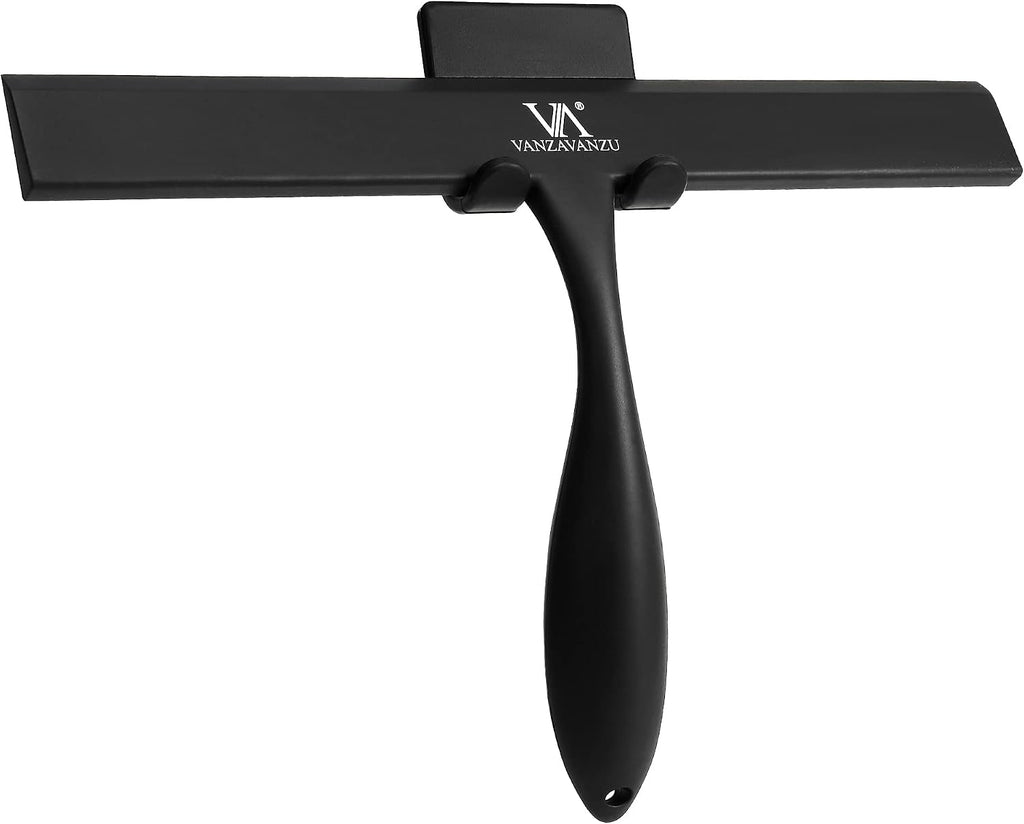 Shower Squeegee for Glass Doors, 11-Inch Silicone Squeegee with Non-Slip Handle and Adhesive Hook for Bathroom, Mirror, Tile, Car Window (Black)