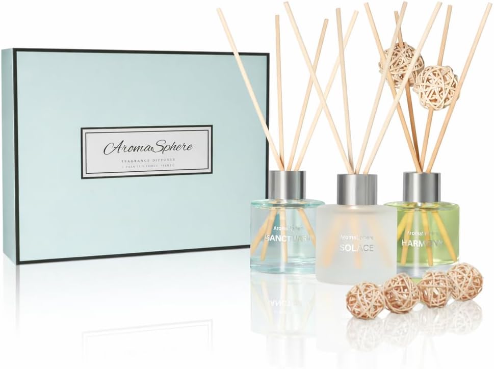 Reed Diffuser Set of 3 | Aromatherapy Fragrance Oil | 12 Sticks and 6 Rattan Balls, 3 x 50ML (Sea Salt, Freesia, Jasmine, Mint Green Edition)
