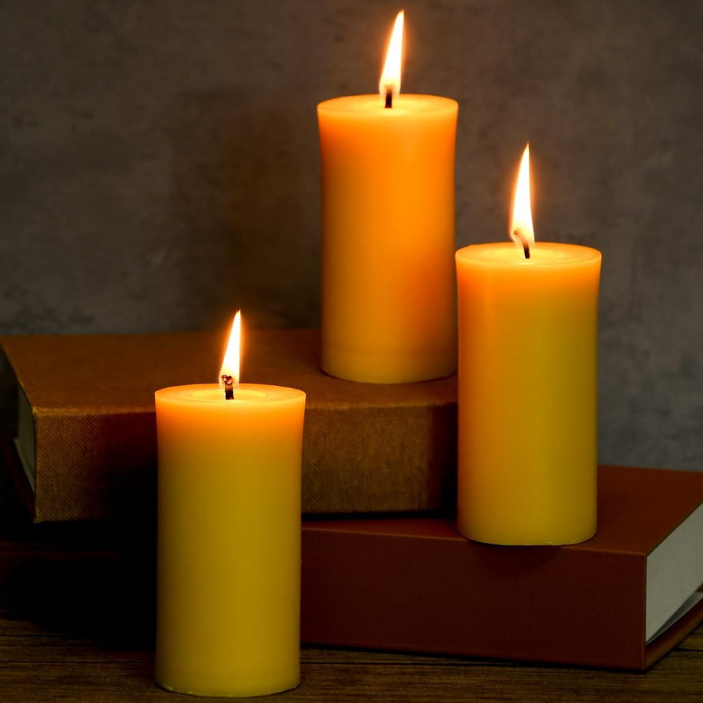 3 Pack 2 inch Thick Natural Beeswax Pillar Candle 4 inch Tall, Yellow