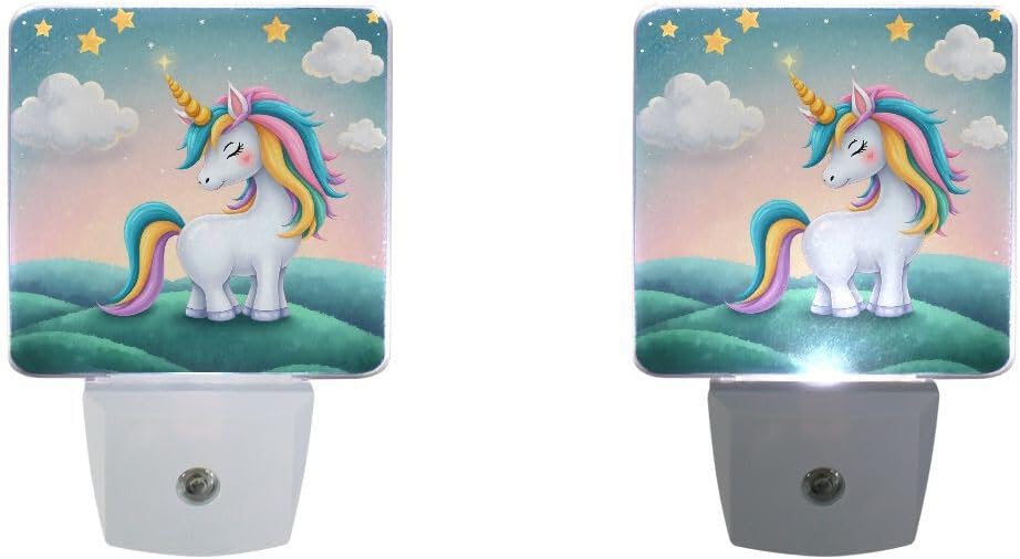 Plug-in LED Night Light Lamp Cute Unicorn Printing with Dusk to Dawn Sensor for Bedroom, Bathroom, Hallway, Stairways, 0.5W-2 Pack