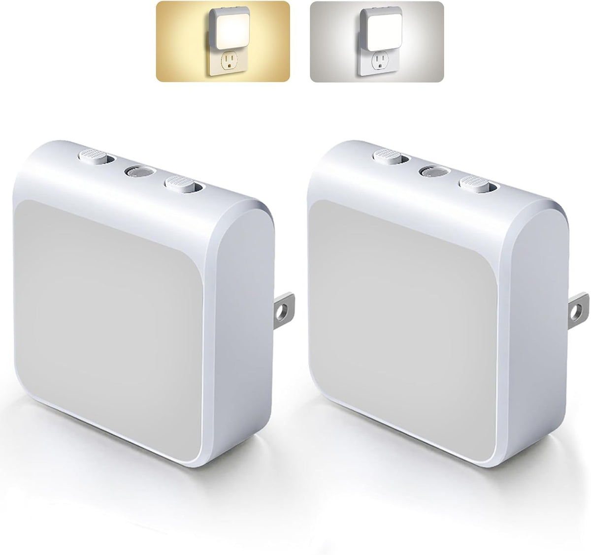 Dimmable LED Night Lights Plug into Wall with Dusk to Dawn Sensor, 2 Color in 1 Plug in Night Light 30-60lm Brightness Adjustable, Auto-On/Off Nightlight for Bedroom, Kitchen, Bathroom, Hallway 2-Pack