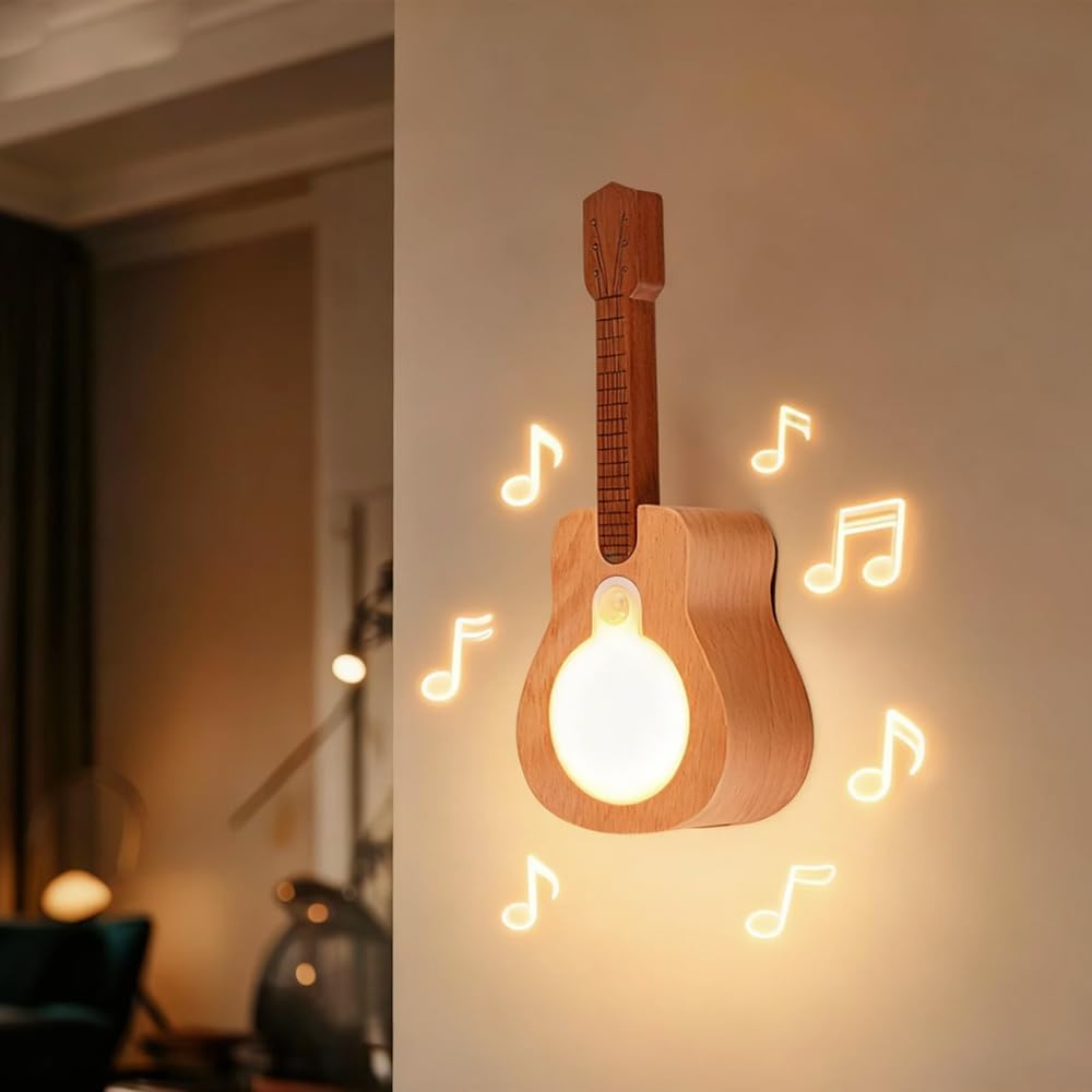 Solid Wood Guitar Night Light Motion Sensor Rechargeable Magnetic LED Lamp