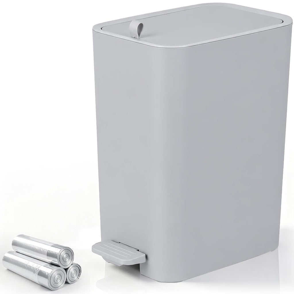 Small Bathroom Trash Can with Lid, Slim Garbage Can, 2.1 Gallon, Gray