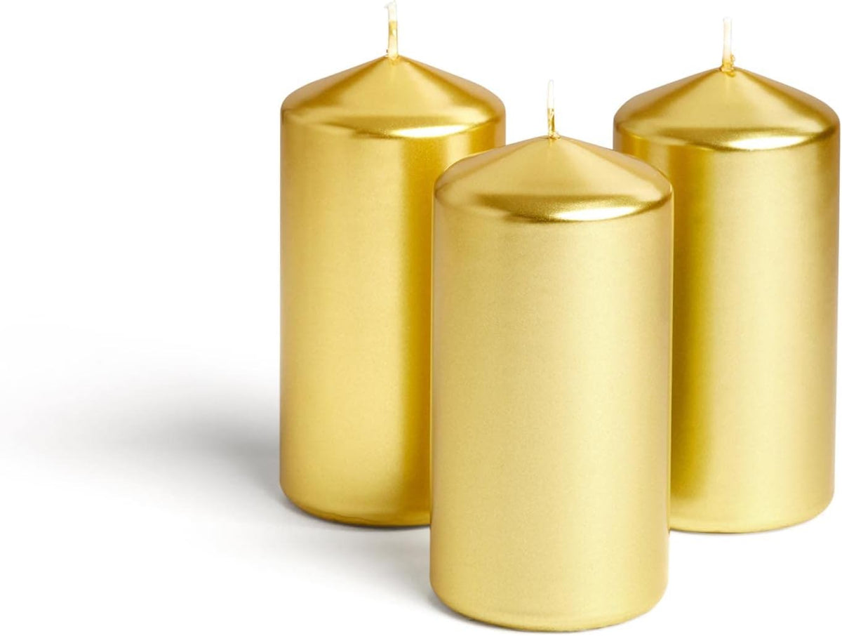 Metallic Cone Top Pillar Candles by Bask - Set of 3-3" x 6" Dripless Unscented Holiday Candles in Metallic Gold for Home Decor, Relaxation & All Occasions