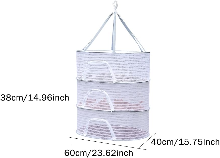 Herb Drying Rack, 3 Layer Foldable Hanging Mesh Net with Zipper, Collapsible Food Drying Fish Hanging Basket Dryer Net for Buds, Fruits, Vegetables, Herbs, Fish, Clothes, Doll(Size:M)