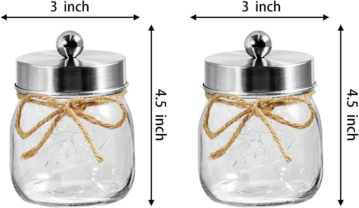 SheeChung 2 Pack Glass Mason Jar Qtip Holder Dispenser, Brushed Nickel Lids