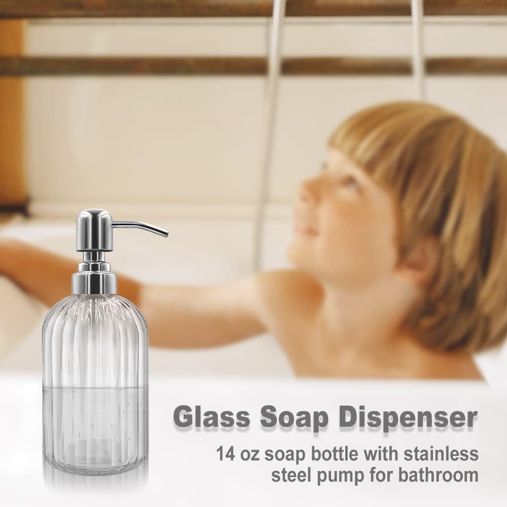 14 Oz Glass Soap Dispenser with 304 Rust Proof Stainless Steel Pump, Refillable Hand Liquid Soap Dispenser for Bathroom, Kitchen, Countertop, Laundry Room (White)