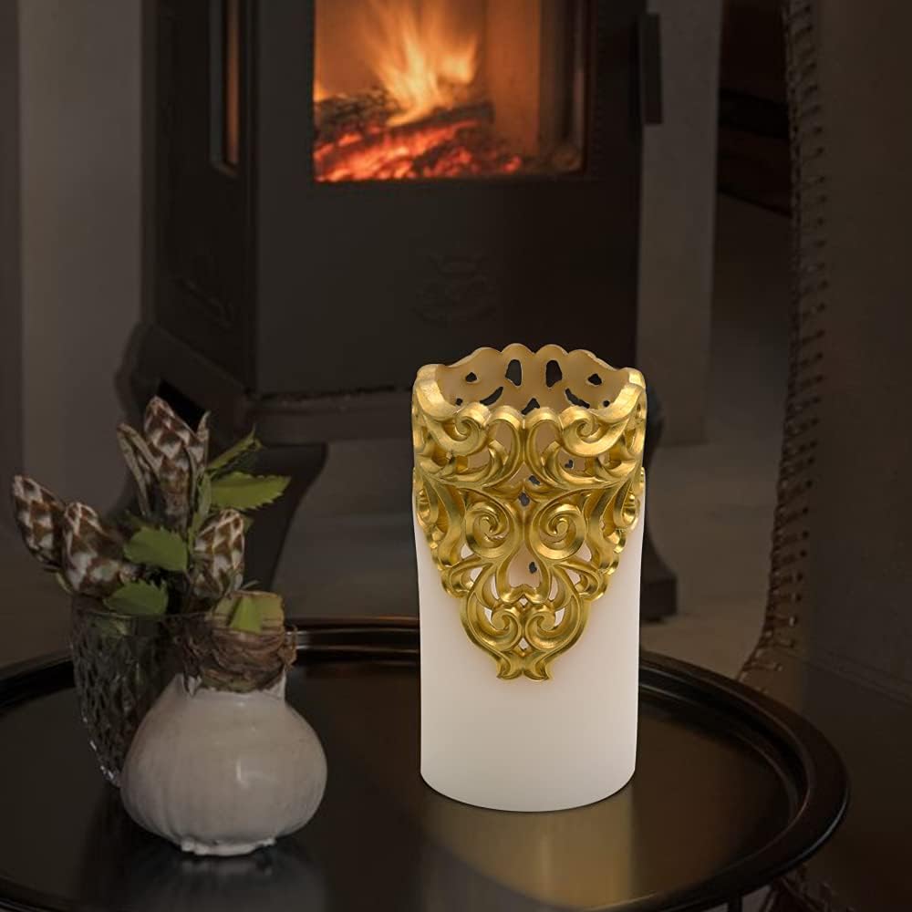 Eldnacele Gold Hollow Flameless Pillar Candles with 5H Timer