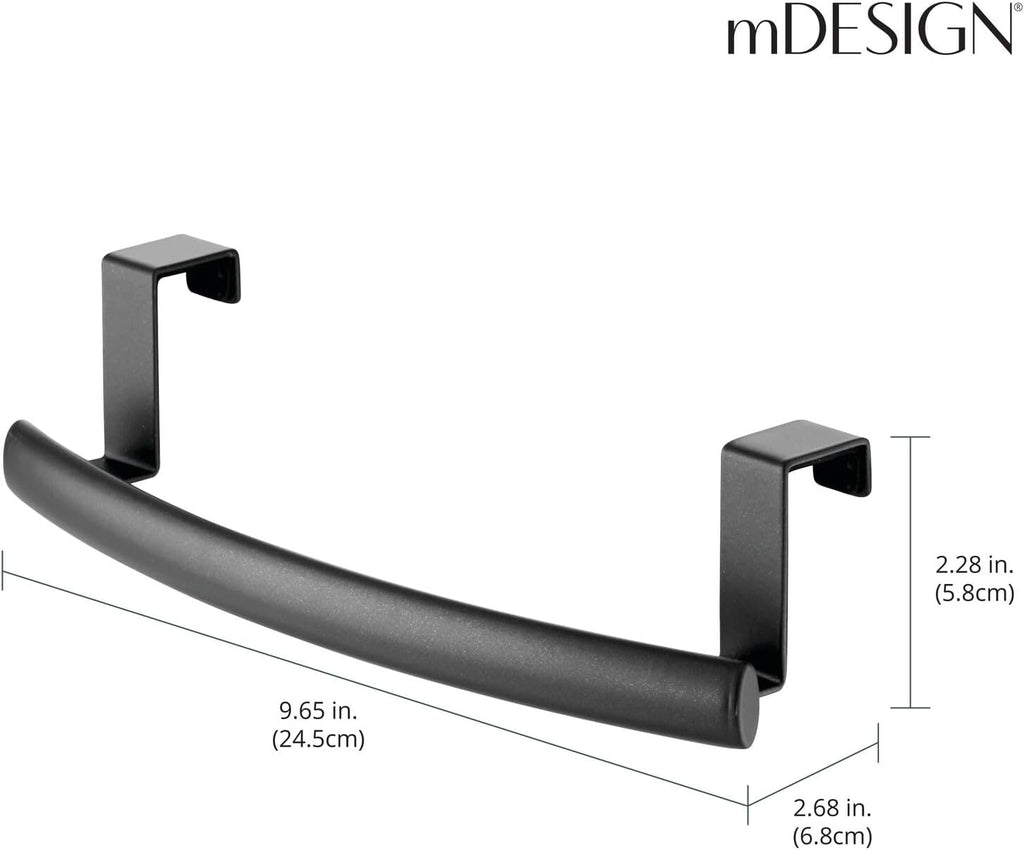 mDesign Steel Over Door Curved Towel Bar Storage, Hanger for Cabinet or Cupboard, Holder Rack for Kitchen, Bathroom - Holds Hand/Dish Towels, Washcloths - Spira Collection - 2 Pack - Black