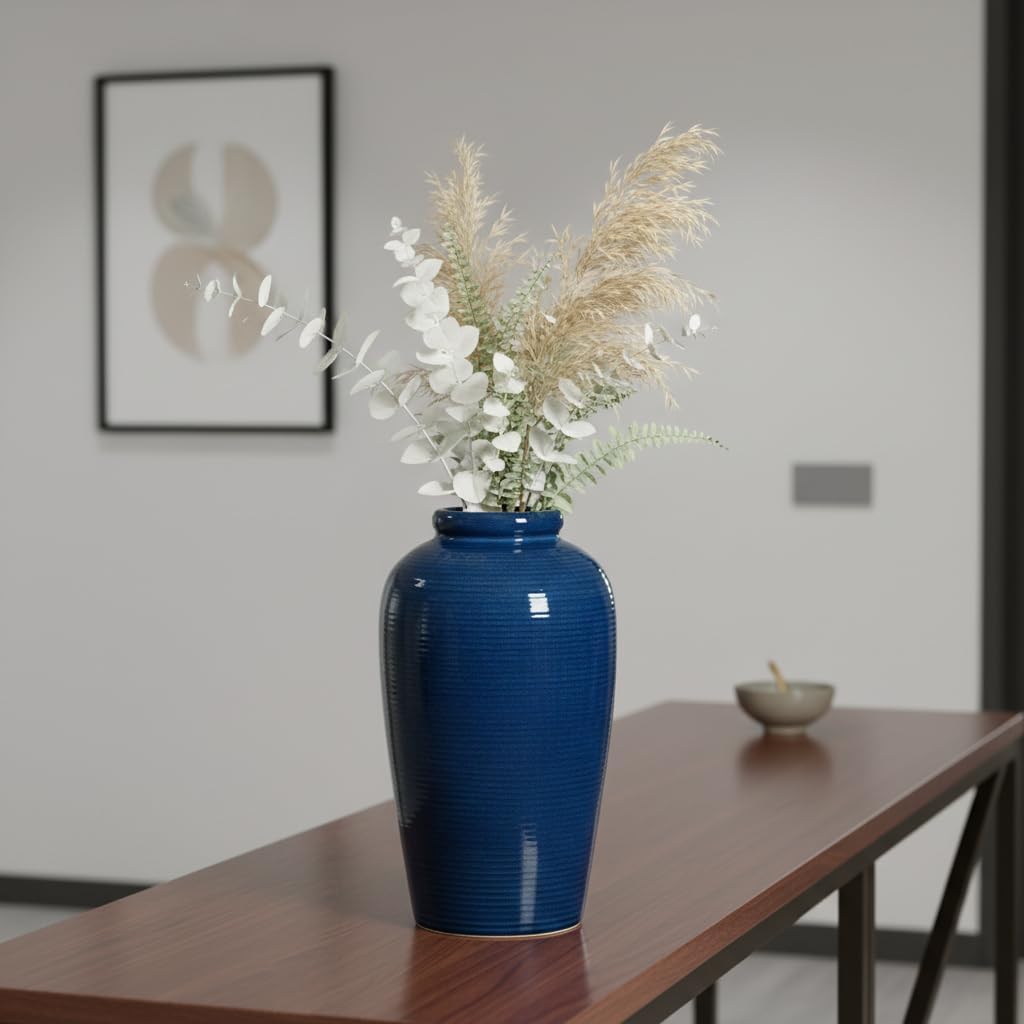 Blue Ceramic Vases Home Decor - 11 Inch Tall Farmhouse Vases for Flowers, Modern Textured Vase for Centerpieces, Living Room, Kitchen Island Decor, Fireplace, Entryway Decorations