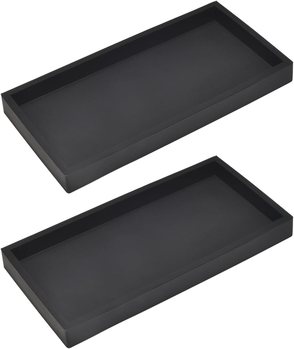 DNC 2PC 7.9" Small Bathroom Vanity Tray for Counter, Silicone Kitchen Sink Soap Tray for Countertop Dish Holder Dispenser Toilet Tank Desk Organizer Black