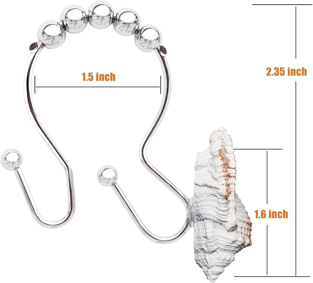 Shower Curtain Hooks Rings, 12PCS Anti Rust Seashell Decorative Double Resin Hooks for Beach Bathroom, Baby Room, Bedroom, Living Room Décor