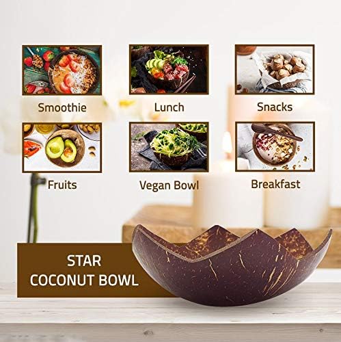 Rainforest Bowls Set of 2 Jumbo Star Coconut Bowls, 2 Wooden Spoons & 2 Reusable Bamboo Straws - 100% Natural, Hand Carved by Artisans, Eco-Friendly & Sustainable - Smoothie/Acai/Salad Bowls