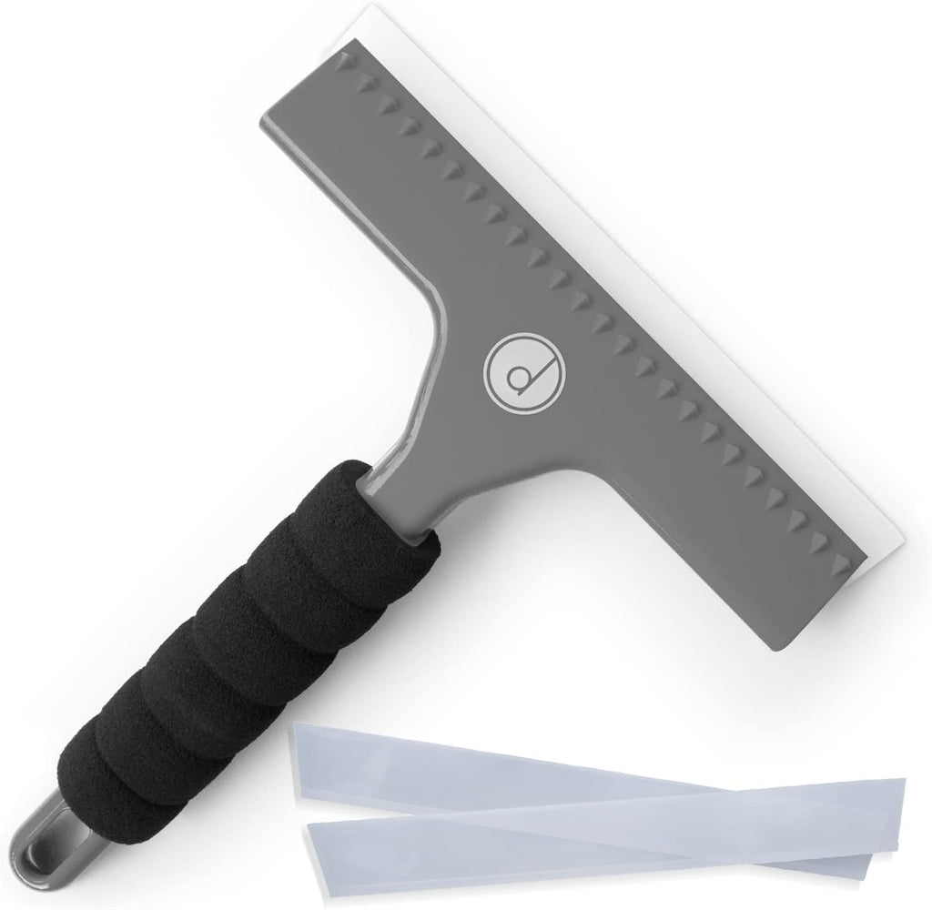 Squeegee for Shower Door, Car Windshield, and Glass Window - 2 Extra Silicone Replacement Blades - Foam Handle - Gray
