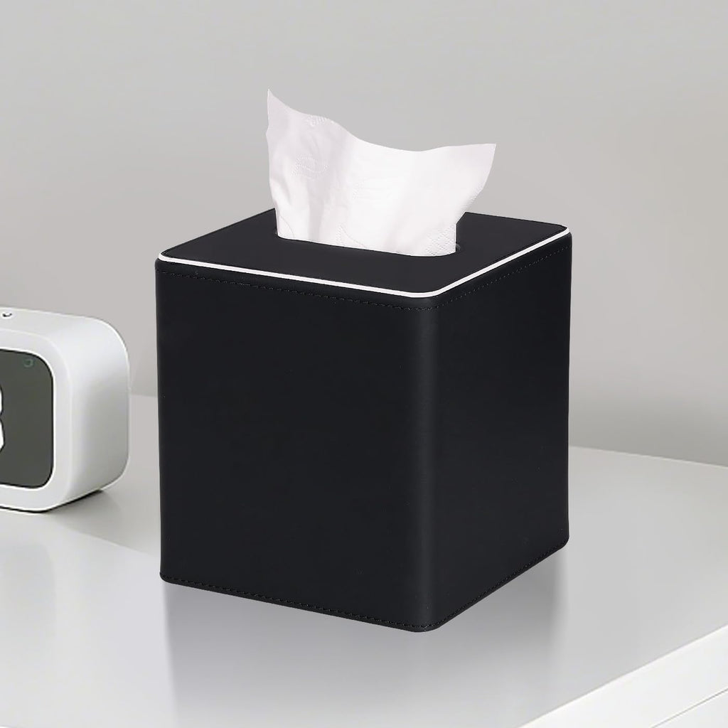 KINGFOM Leather Tissue Box Cover – Square Modern PU Leather Tissue Holder, Cube Tissue Dispenser for Home, Office, Bedroom, Bathroom – Elegant Minimalist Style (Black-Square)