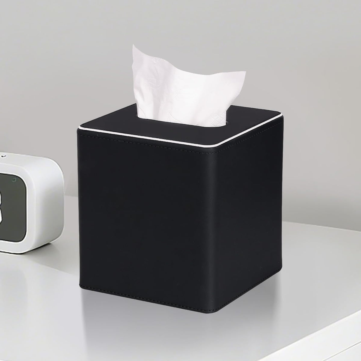 KINGFOM Leather Tissue Box Cover – Square Modern PU Leather Tissue Holder, Cube Tissue Dispenser for Home, Office, Bedroom, Bathroom – Elegant Minimalist Style (Black-Square)
