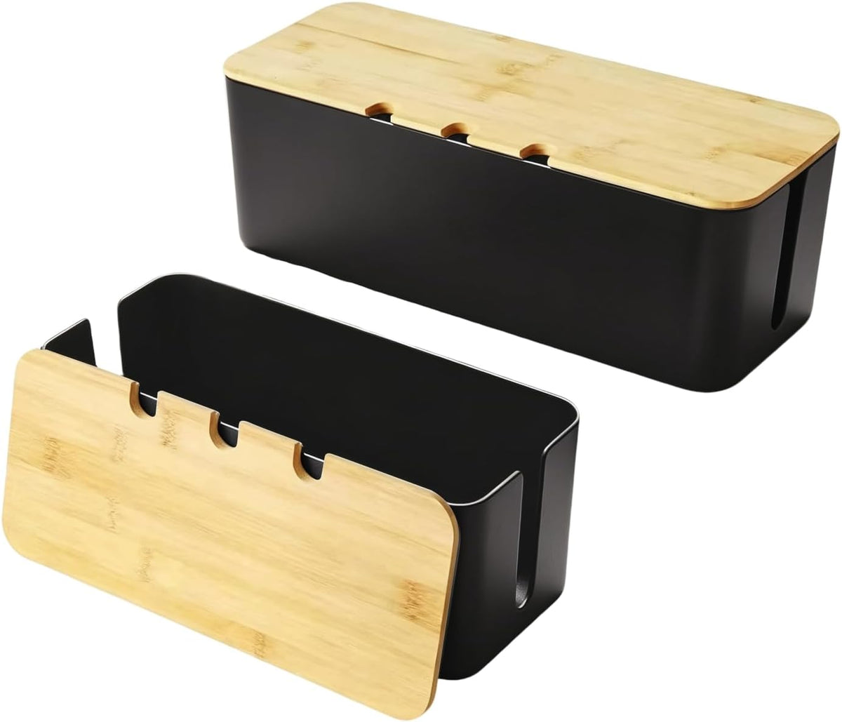 2 Pack Cable Management Box, Wooden Style Cord Organizer Box,Black