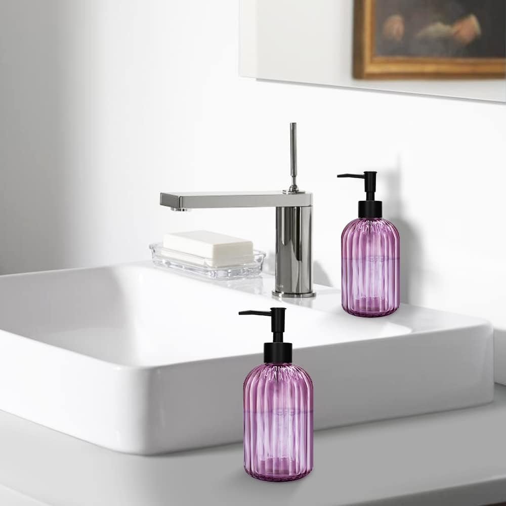 Pack of 2 Glass Soap Dispenser with Black Pump, 400 ml Refillable Pump Dispenser for Kitchen, Bathroom, Laundry Room, Liquid Glass Bottle for Washing Up Liquid, Shampoo, Conditioner (Purple)