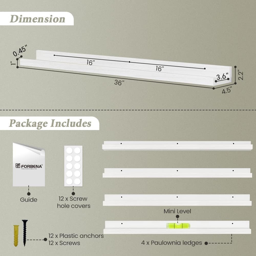 Forbena 36 Inch Long Floating Shelves, White Picture Ledge Shelf for Wall