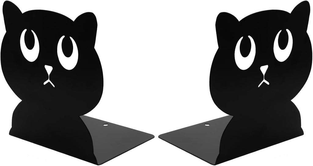 Cute Black Cat Bookends Metal Cat Book Ends Kids Bookends Office Journal Holder Library Decoration Bookshelf Book Organizer for Christmas Birthday Back to School Student Gift (Black Big Eyes)