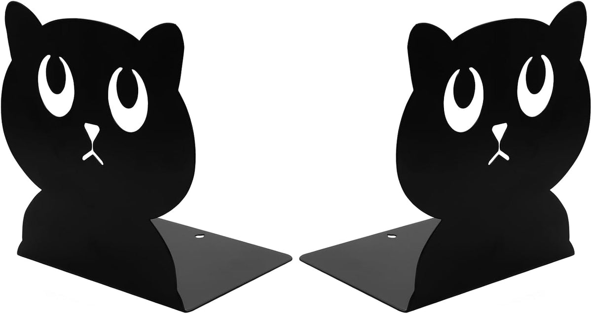 Cute Black Cat Bookends Metal Cat Book Ends Kids Bookends Office Journal Holder Library Decoration Bookshelf Book Organizer for Christmas Birthday Back to School Student Gift (Black Big Eyes)