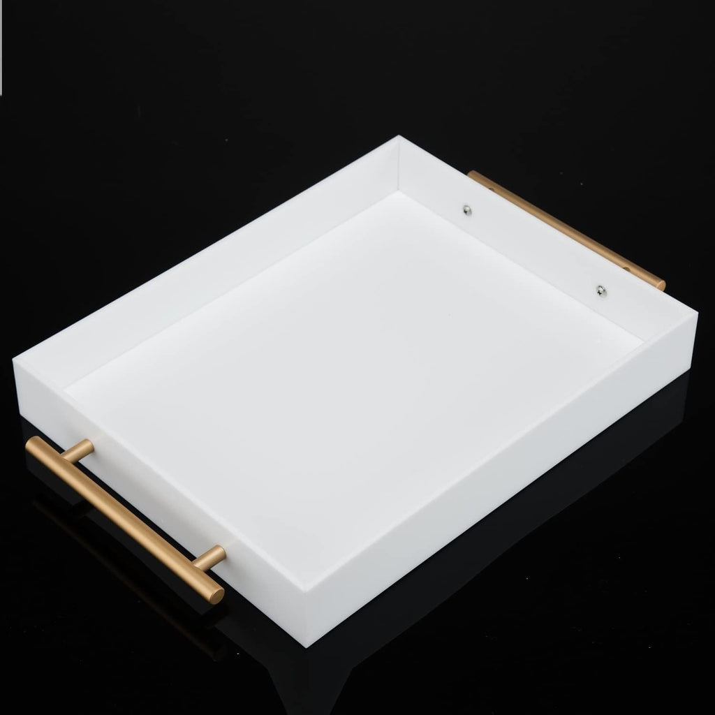 Glossy White Acrylic Lucite Serving Tray with Metal Handles,No Need to Assemble,11x14 Inch,Decorative Storage Organizer with Spill-Proof Design,Serving for Coffee,Breakfast,Dinner and More