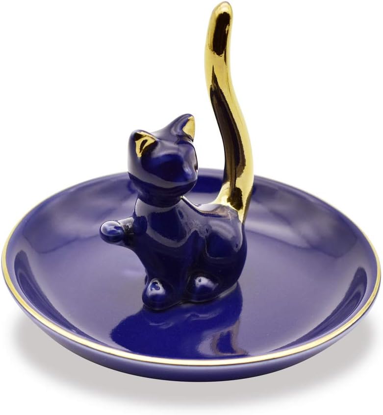 Lucky Kitten Ring Holder Jewelry Dish Organizer, Engagement Wedding Gifts, Boutique Royal Blue Decorative Jewelry Holder