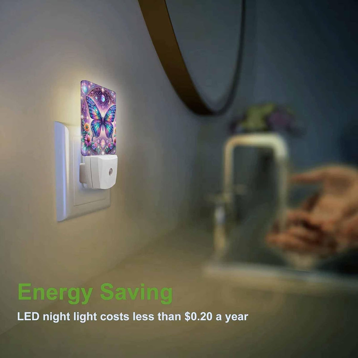 LED Night Light,Abstract Blue Cyan Butterfly LED Night Light Plug into Wall with Dusk to Dawn Light Sensor White Energy Efficient Nightlight for Bedroom Bathroom Hallway Living Room Kitchen