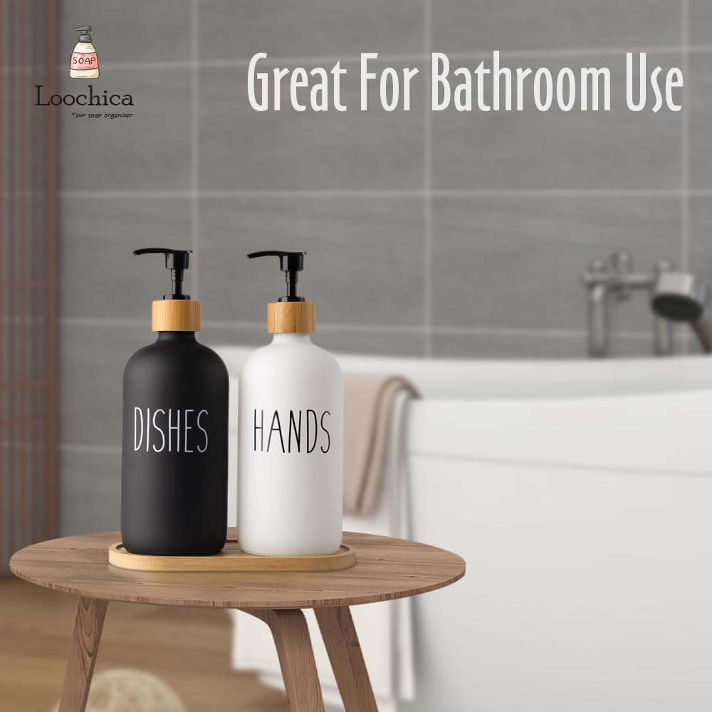 LOOCHICA 2 Pack Glass Soap Dispenser Set with Tray, Hand and Dish Glass Soap Dispensers for Kitchen Sink, Kitchen Soap Dispenser Set Suitable for Black and White Kitchen Decor