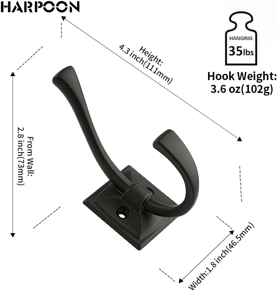HARPOON 5 Pack 4.3" Double Prong Wall Hooks Matte Black Coat Towel Hooks