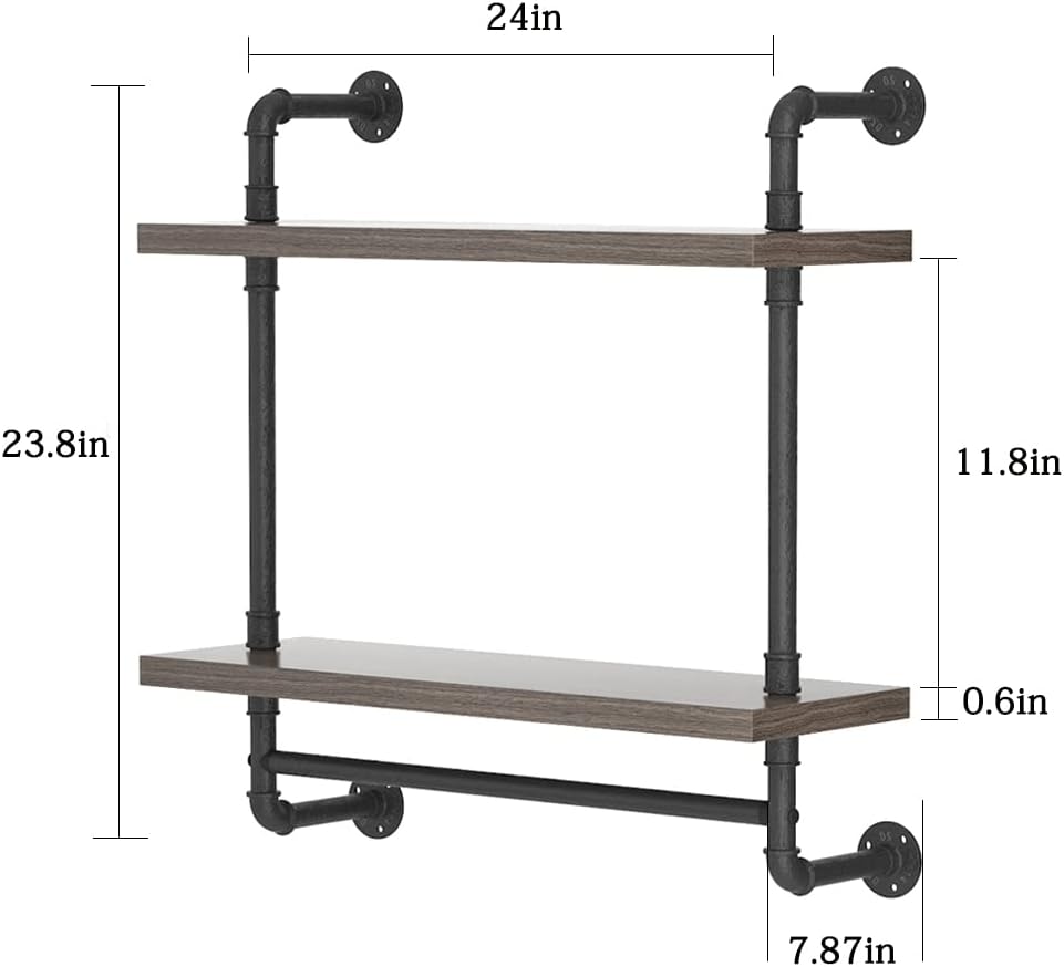 Helsin 2 Tier Wood Floating Shelves Towel Rack, Industrial Pipe Bathroom Shelves Wall Mounted with Towel bar, Wall Display Storage Shelf for Home & Bathroom Decor (Gray, 24inch)