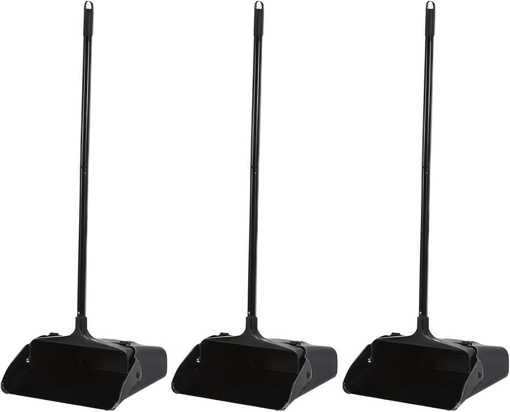 3-Pack Commercial Upright Dust Pan with Long Handle and Wheels – Heavy Duty Large Dust Pans for Indoor/Outdoor Use, Janitorial or House Cleaning Tools, Black Standing Dustpan