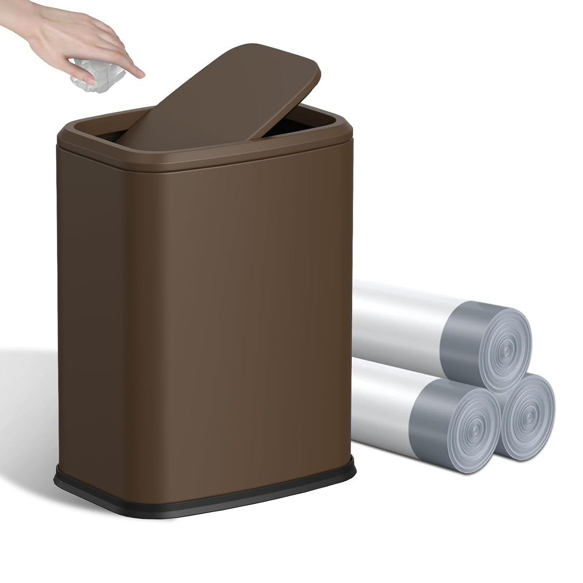 8L/2.1 Gallon Small Bathroom Trash Can with Lid, Swing-Top Rectangular Waste Bin, Stainless Steel Garbage Can for Home, Office, Toilet, Bedroom, Living-Room (Brown)