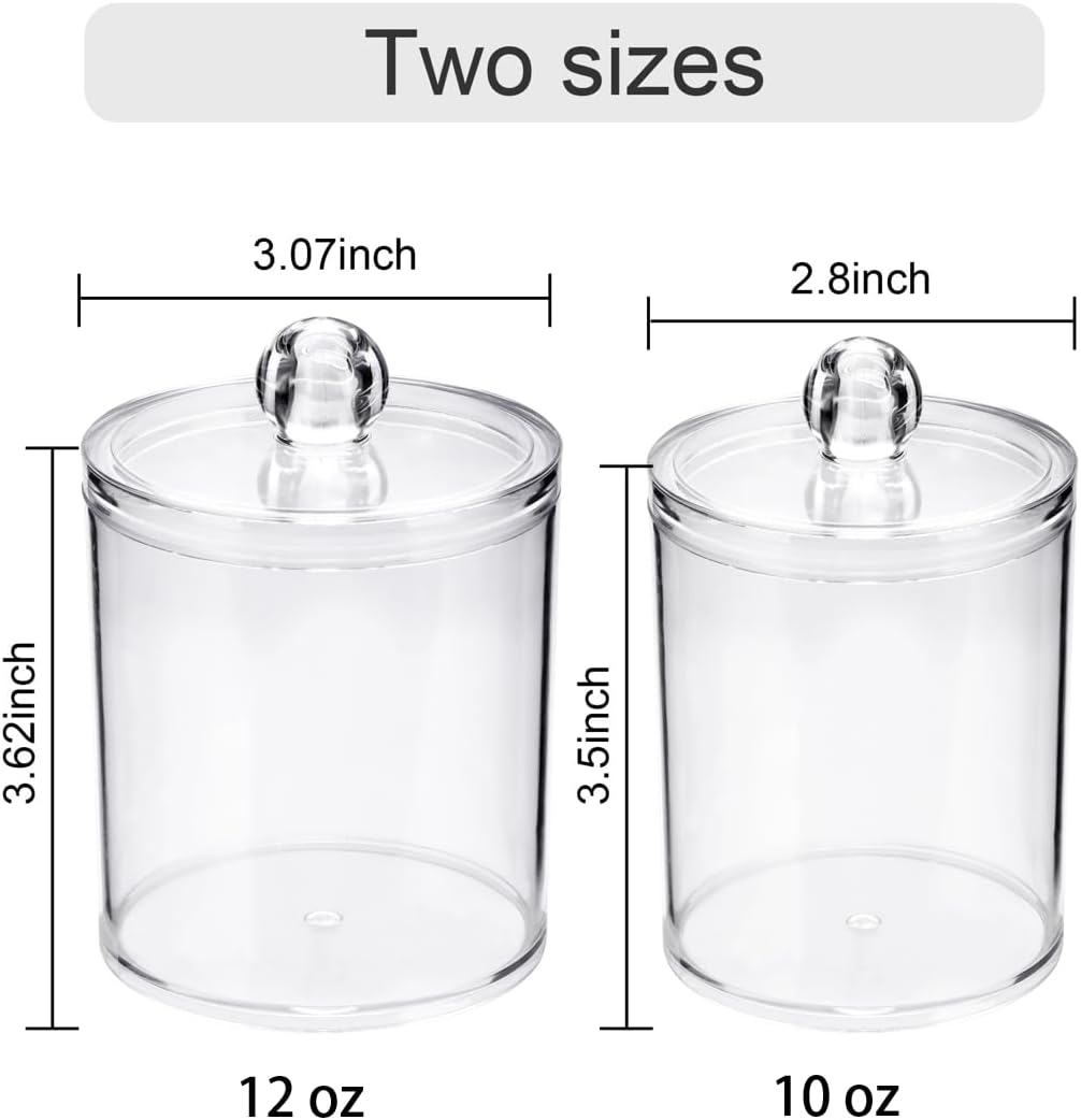 WEISHI 4 Pack Qtip Holder Dispenser - Cotton Ball, Swab, Round Pads, Floss , Small Clear Plastic Apothecary Jar Containers with Lids for Bathroom Storage and Organization, Vanity Organizer