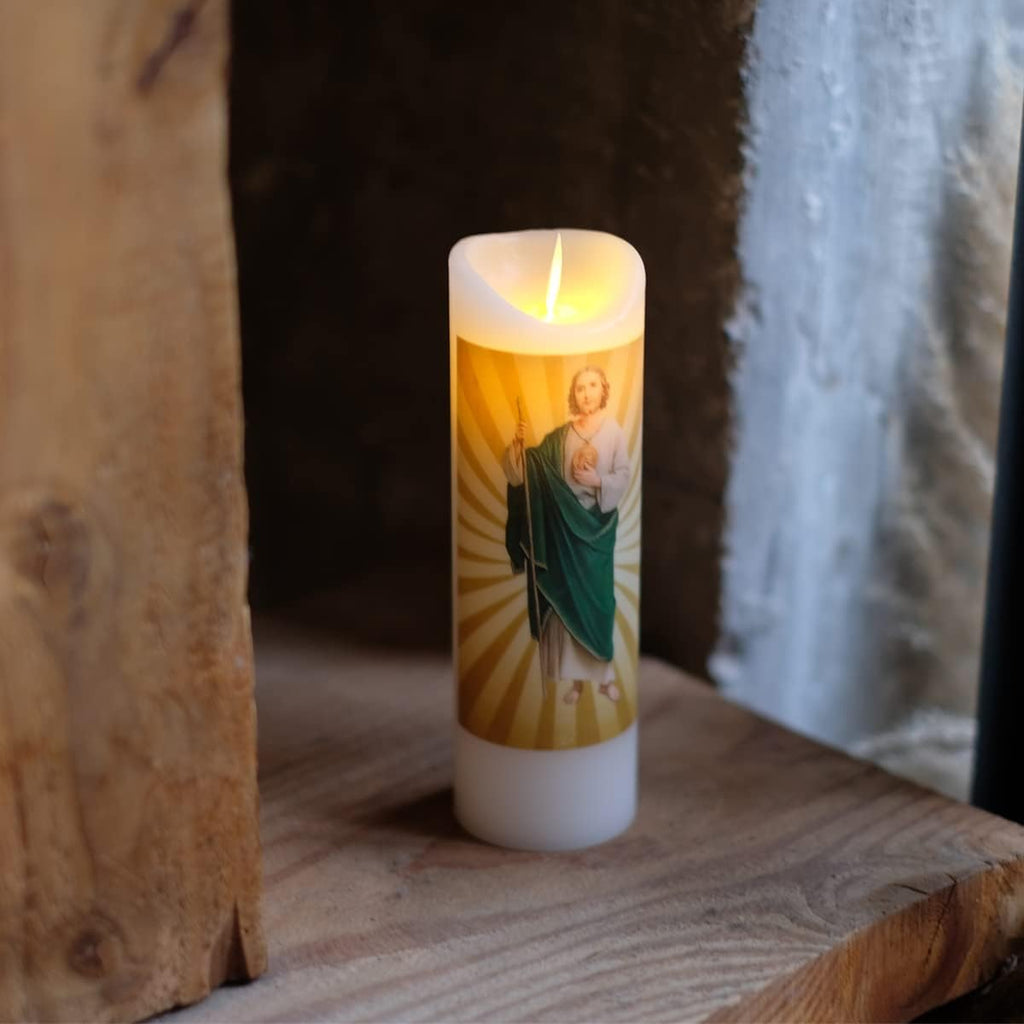 NONNO & ZGF Saint Judes Flameless Prayer Candle, Real Wax, Moving Wick, St Jude Devotion Battery Operated Candles with Remote Timer Function, Bright Flicker Light