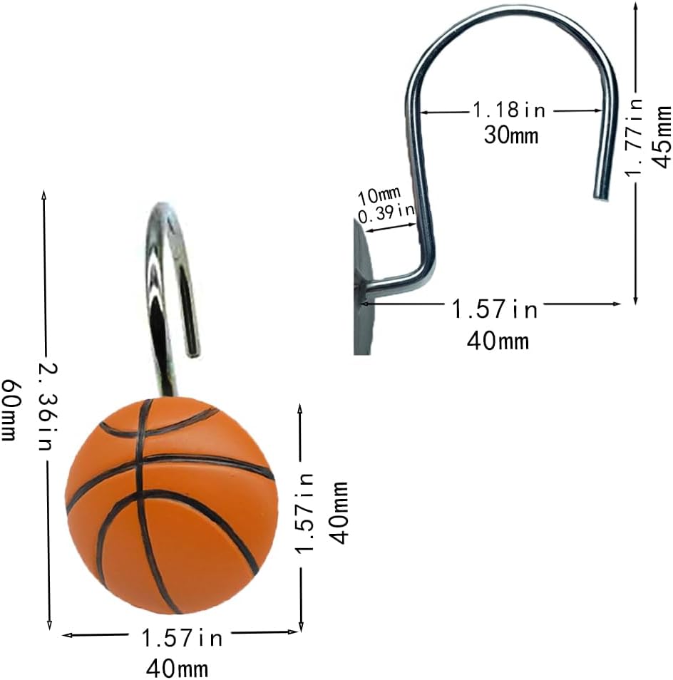 Basketball Shower Hooks 12 Pack, Court Style Bathroom Decor - Durable Stainless Steel Hooks, Gift for Sports Fans