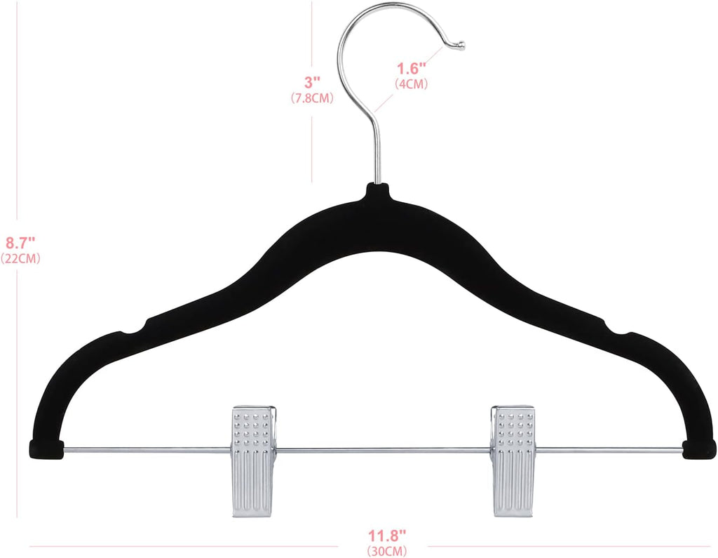 ManGotree 11.8 Inch Baby Velvet Hangers with Movable Clips 16 Pack Black