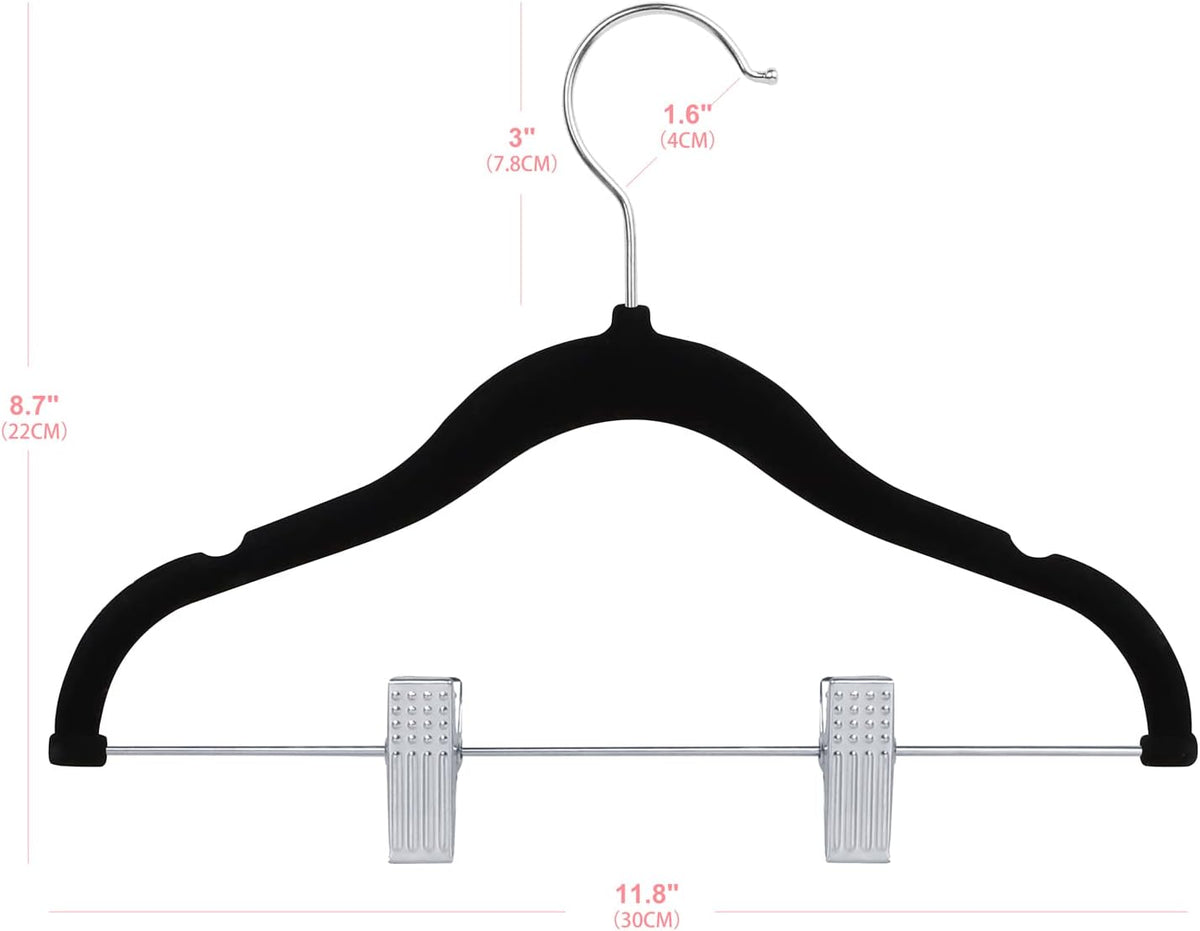 ManGotree 11.8 Inch Baby Velvet Hangers with Movable Clips 16 Pack Black