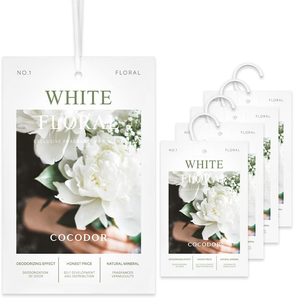 COCODOR 5 Packs White Floral Scented Sachets/Air Freshener Sachets Bags for Drawers, Closet, Cars, Long-Lasting Deodorizers Fresh Scents, Home Fragrance