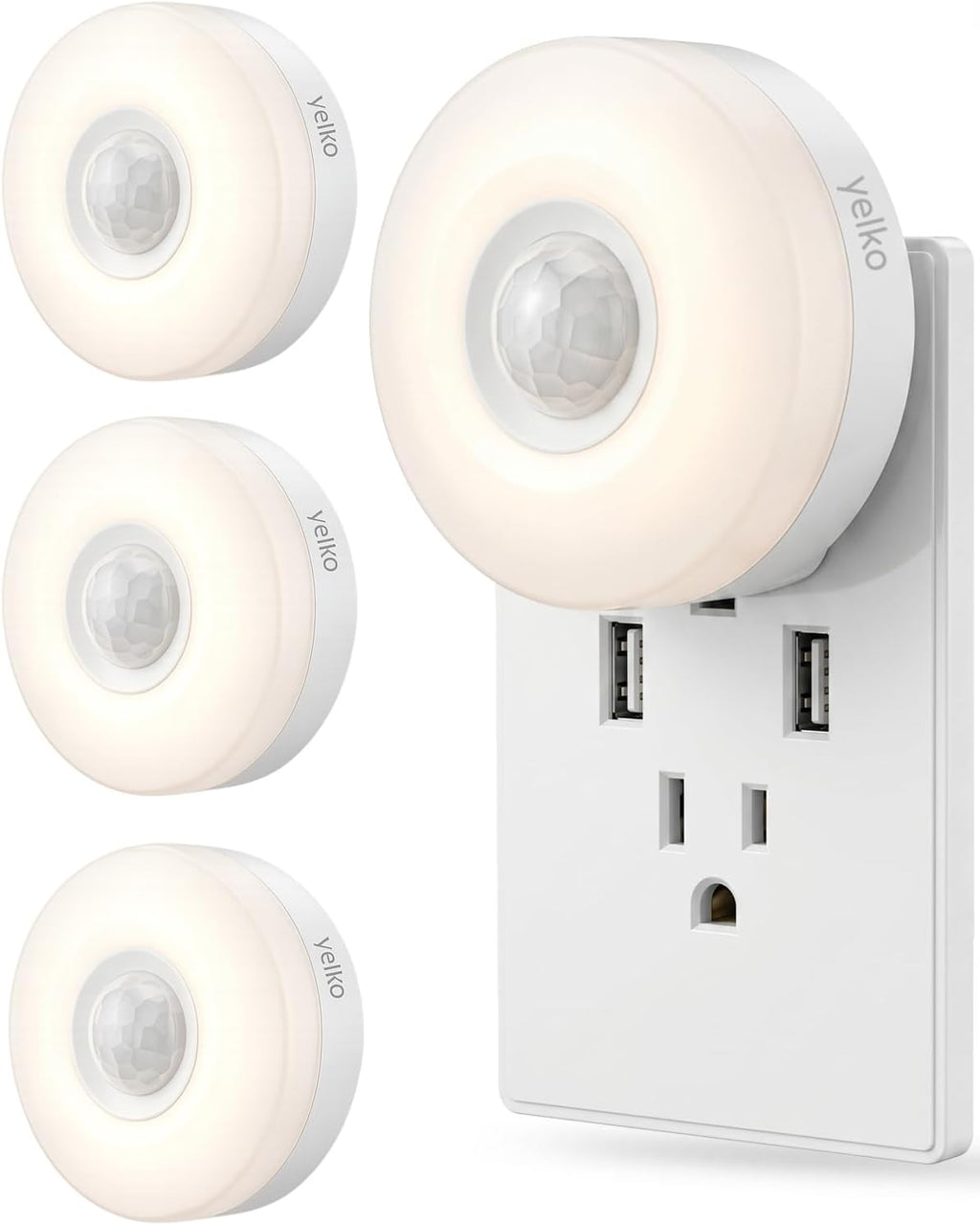 YELKO Motion Sensor Night Light - Plug-in 3000K Warm White Anti-Glare LED Nightlight, Ultra Bright Cozy Soft Glow Not Dazzling for Hallway, Stairs, Garage, Bedroom, Bathroom, Garage, Kitchen, 4 Pack