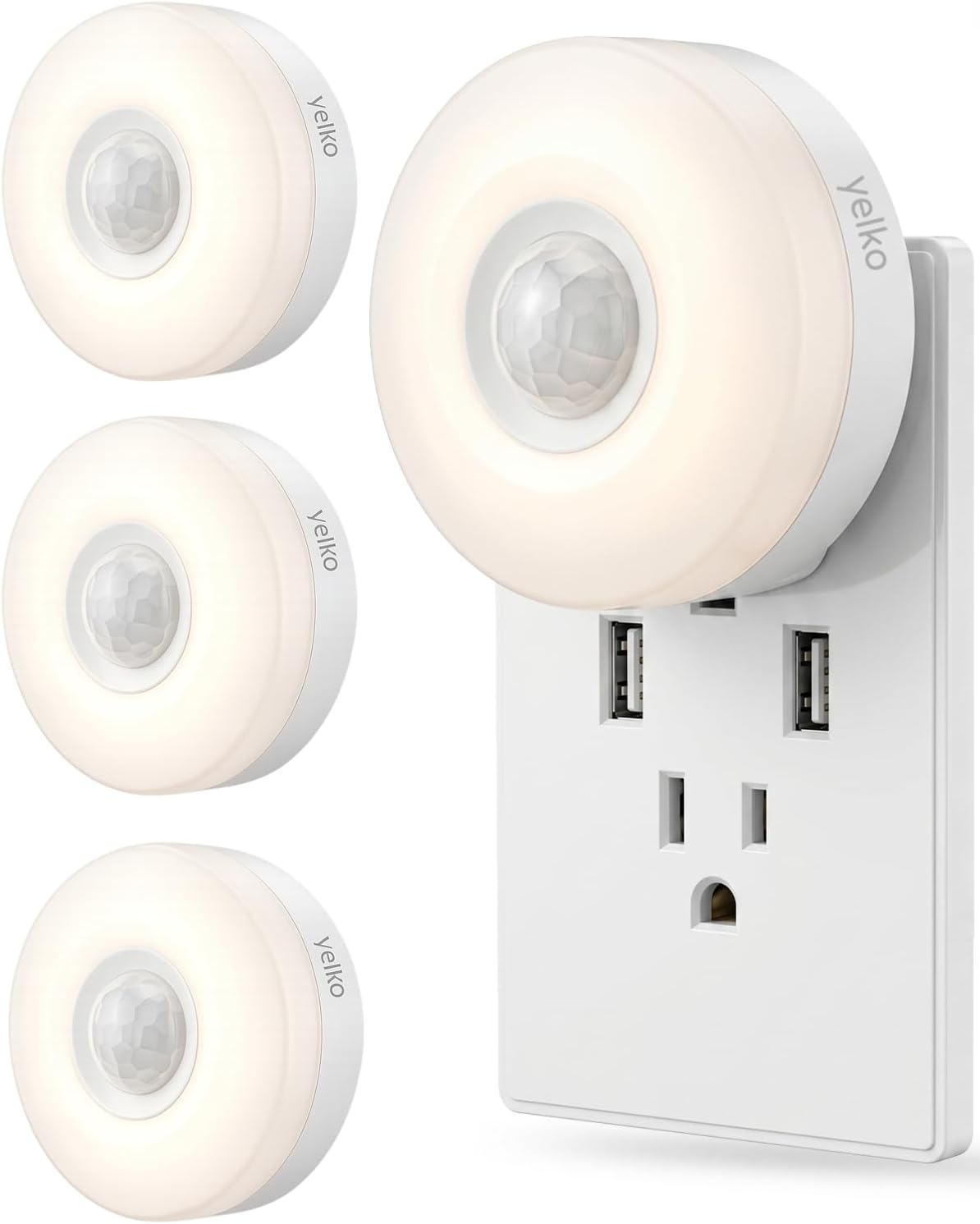 YELKO Motion Sensor Night Light - Plug-in 3000K Warm White Anti-Glare LED Nightlight, Ultra Bright Cozy Soft Glow Not Dazzling for Hallway, Stairs, Garage, Bedroom, Bathroom, Garage, Kitchen, 4 Pack